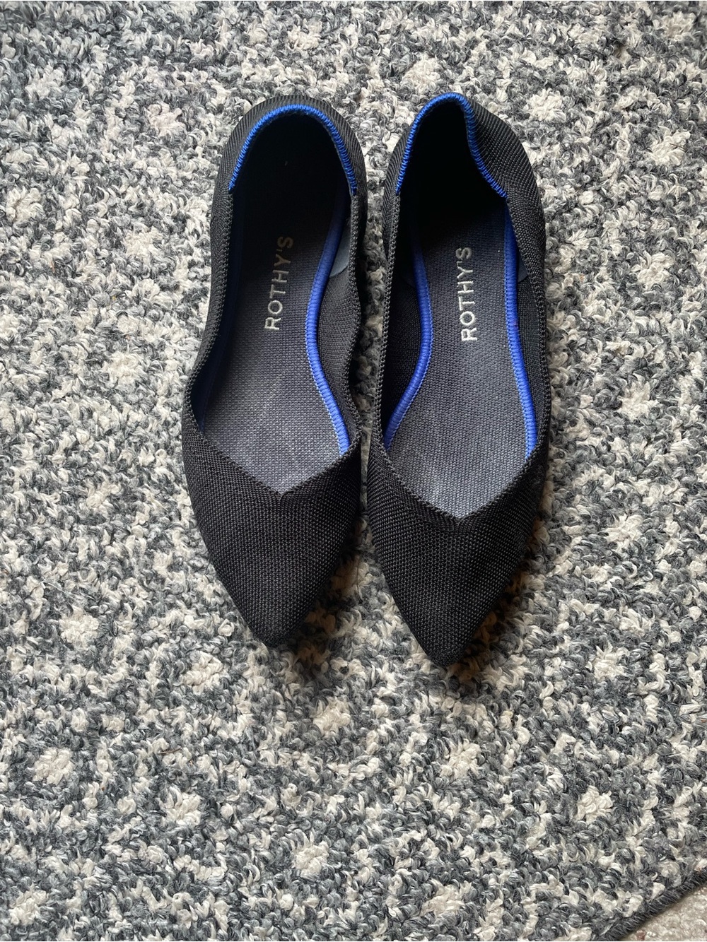 Rothy's Black Pointed Knit Flats with Blue Trim